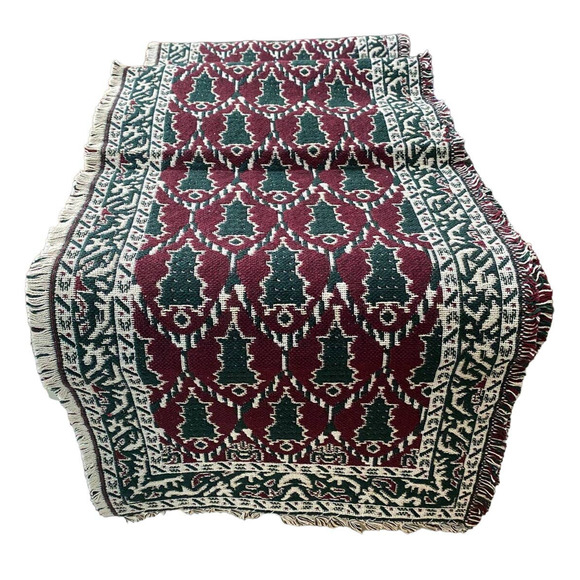 Christmas Tree Decor Table Runner Jacquard Reversible 100% Cotton Red Green 72" - Picture 6 of 6